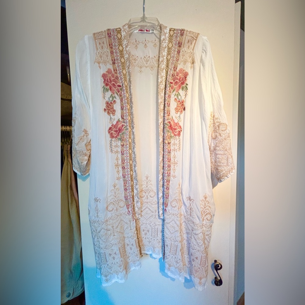 Johnny Was White Embroidered Floral Open Kimono Jacket